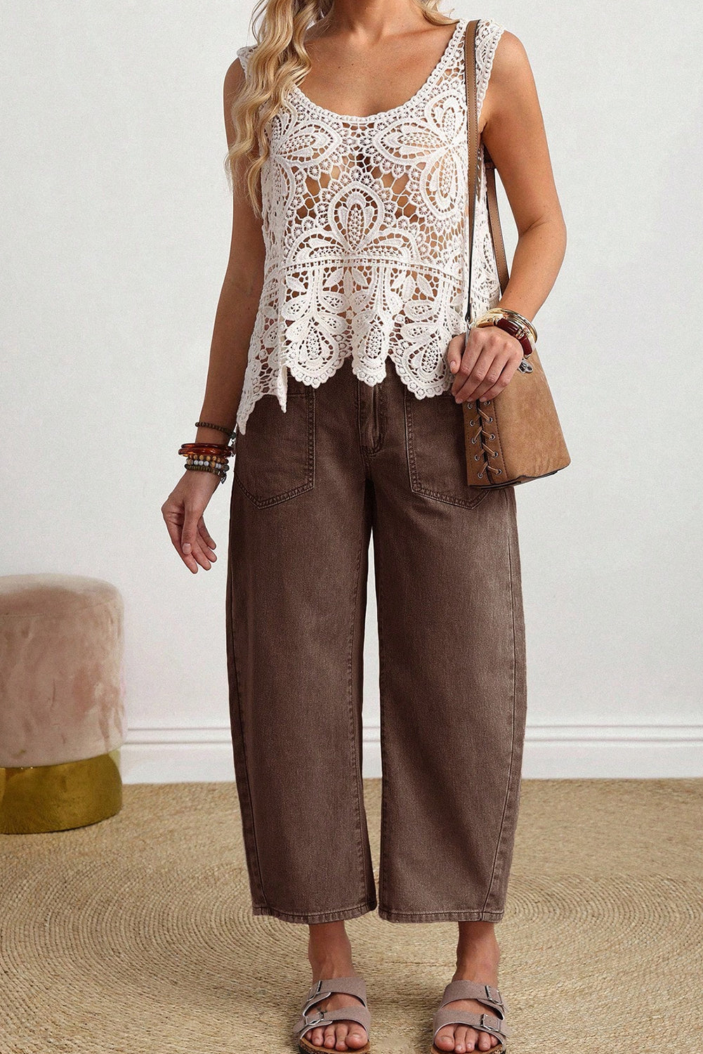 Rhea Mid-Rise Barrel Jeans in Brown - Relaxed Ankle Length Denim