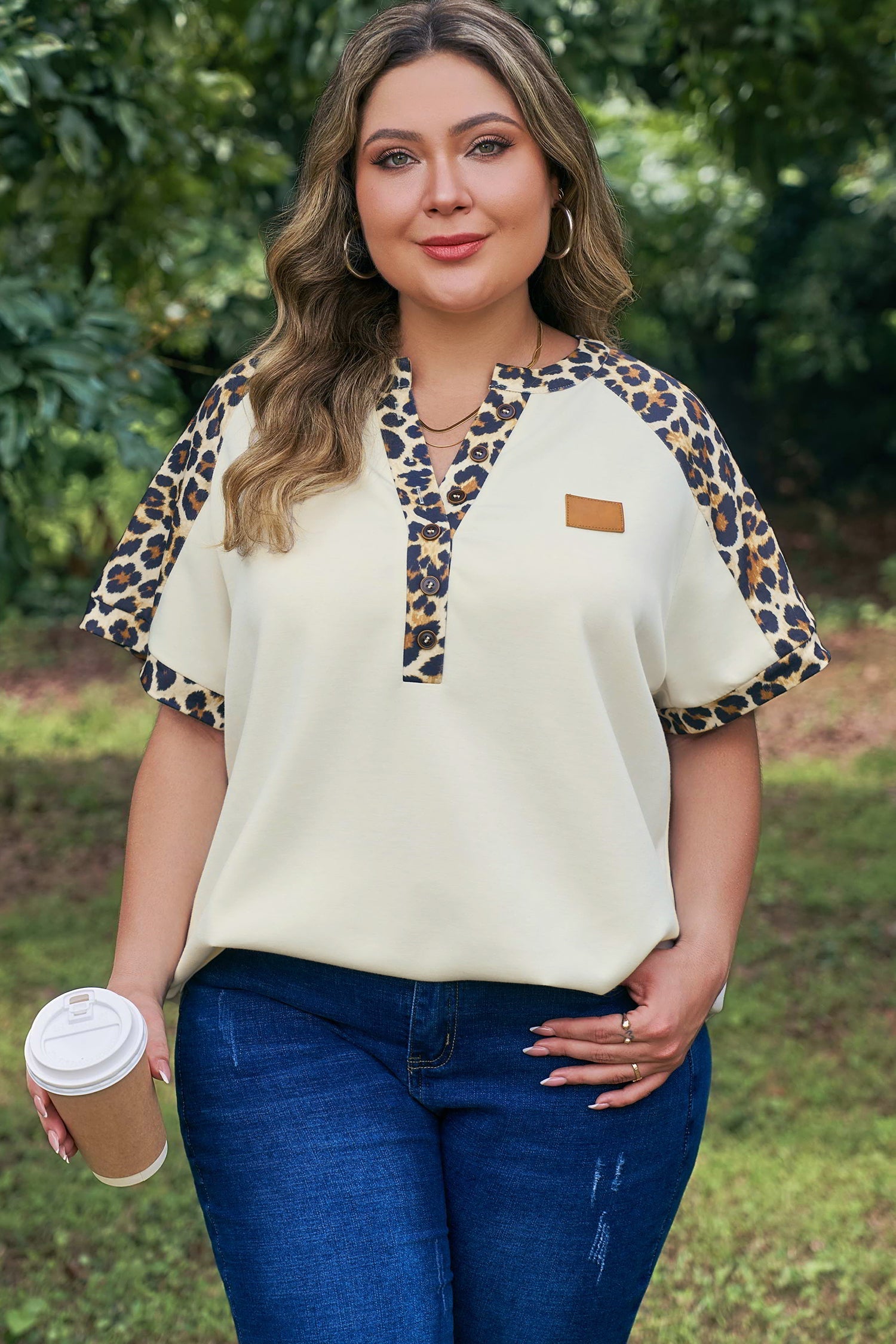 Contrast Patchwork Polo Tee in Leopard Print and Beige