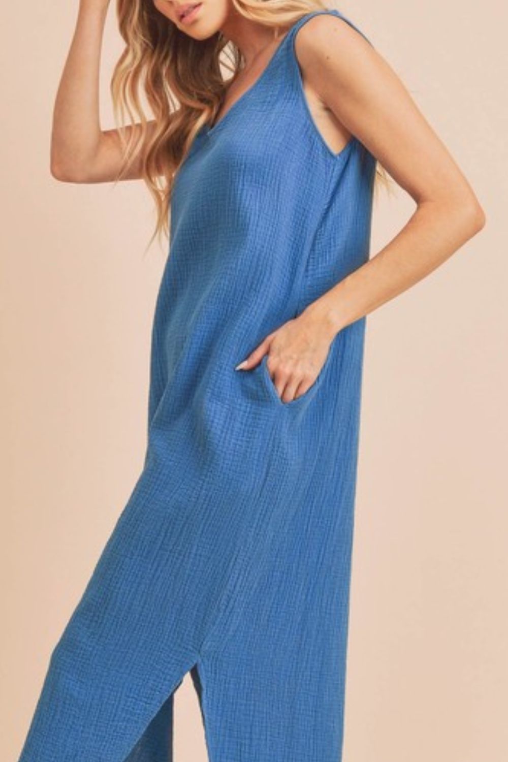 Casual Round Neck Cotton Midi Tank Dress with Pockets