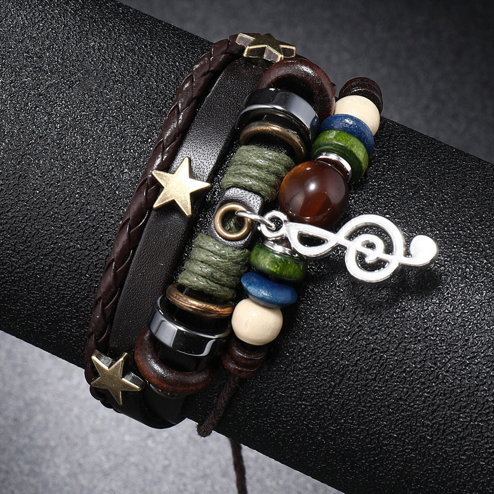 Cross-Border New Jewelry Multi-Layer Beaded Leather Bracelet With Musical Note Pendant, Music Festival Accessories, Hand-Woven