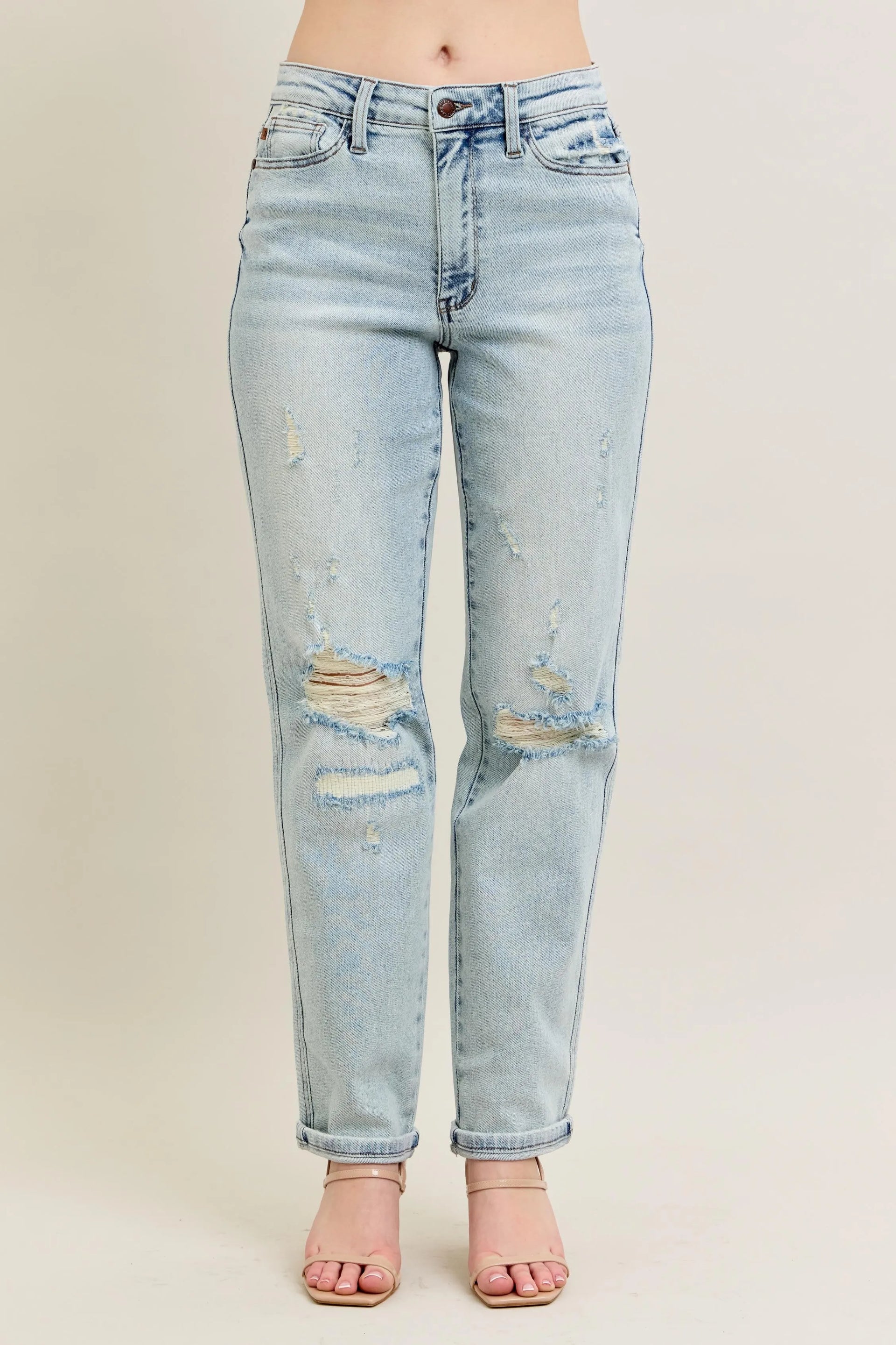 Judy Blue Full Size Mr Repair Stitch Detail Destroy Single Cuff Bf Jeans Plus Size