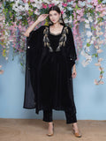 Black velvet kaftan with intricate hand embellishments, including matching inner and pant.