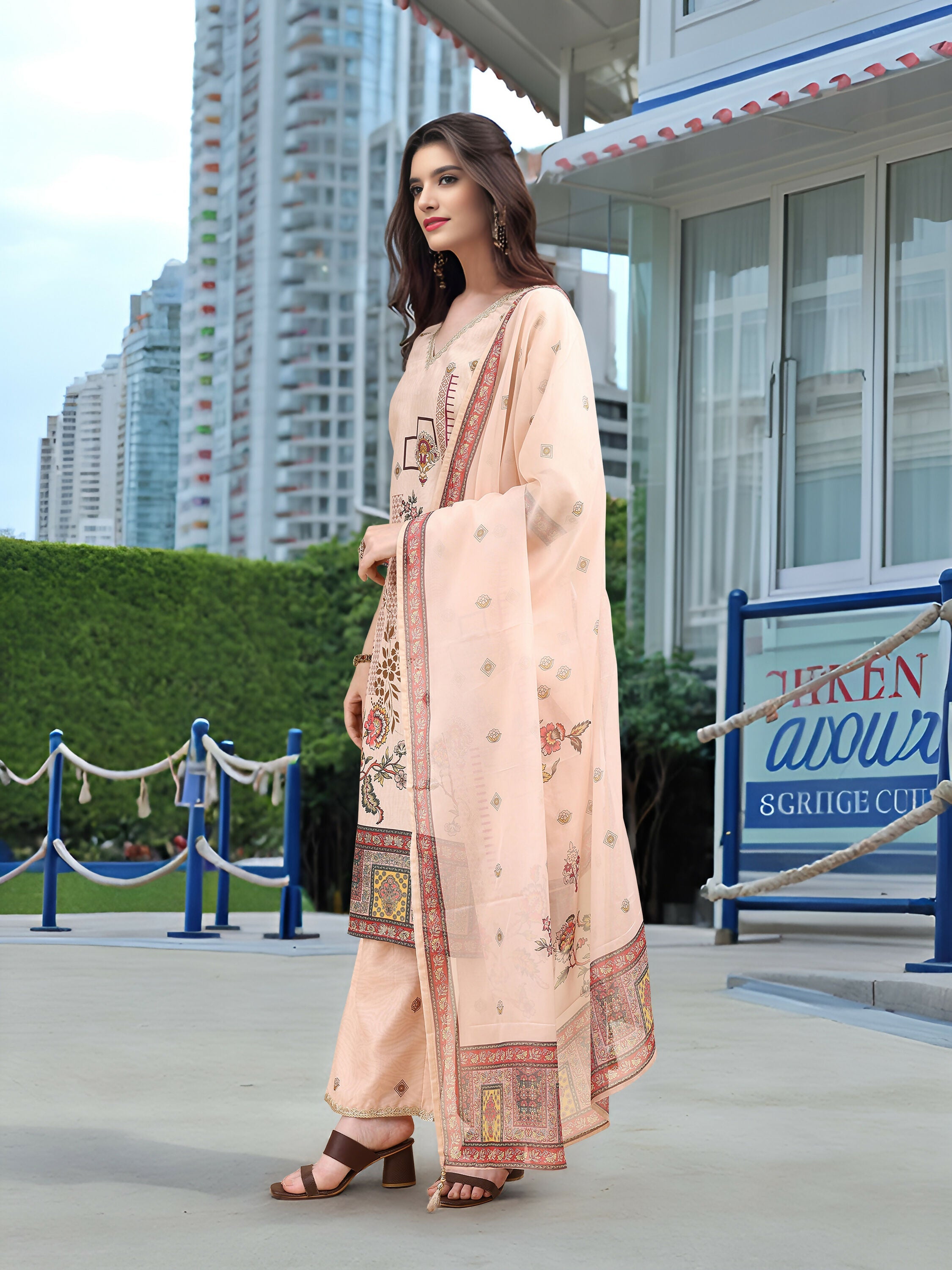 Off White Linen Digital Print Kurta Set with Foil Detailing