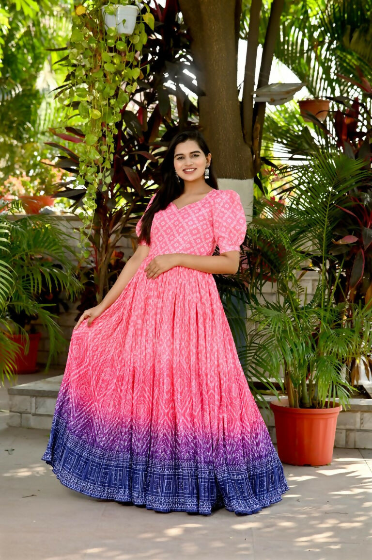 Pink Bandhej Print Muslin Anarkali Dress with Crush Pleating
