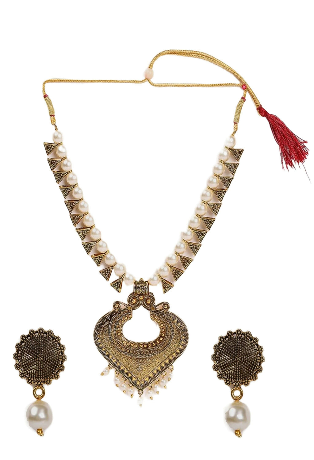 Oxidised Gold-Polished Long Necklace with Pearls for Women & Girls
