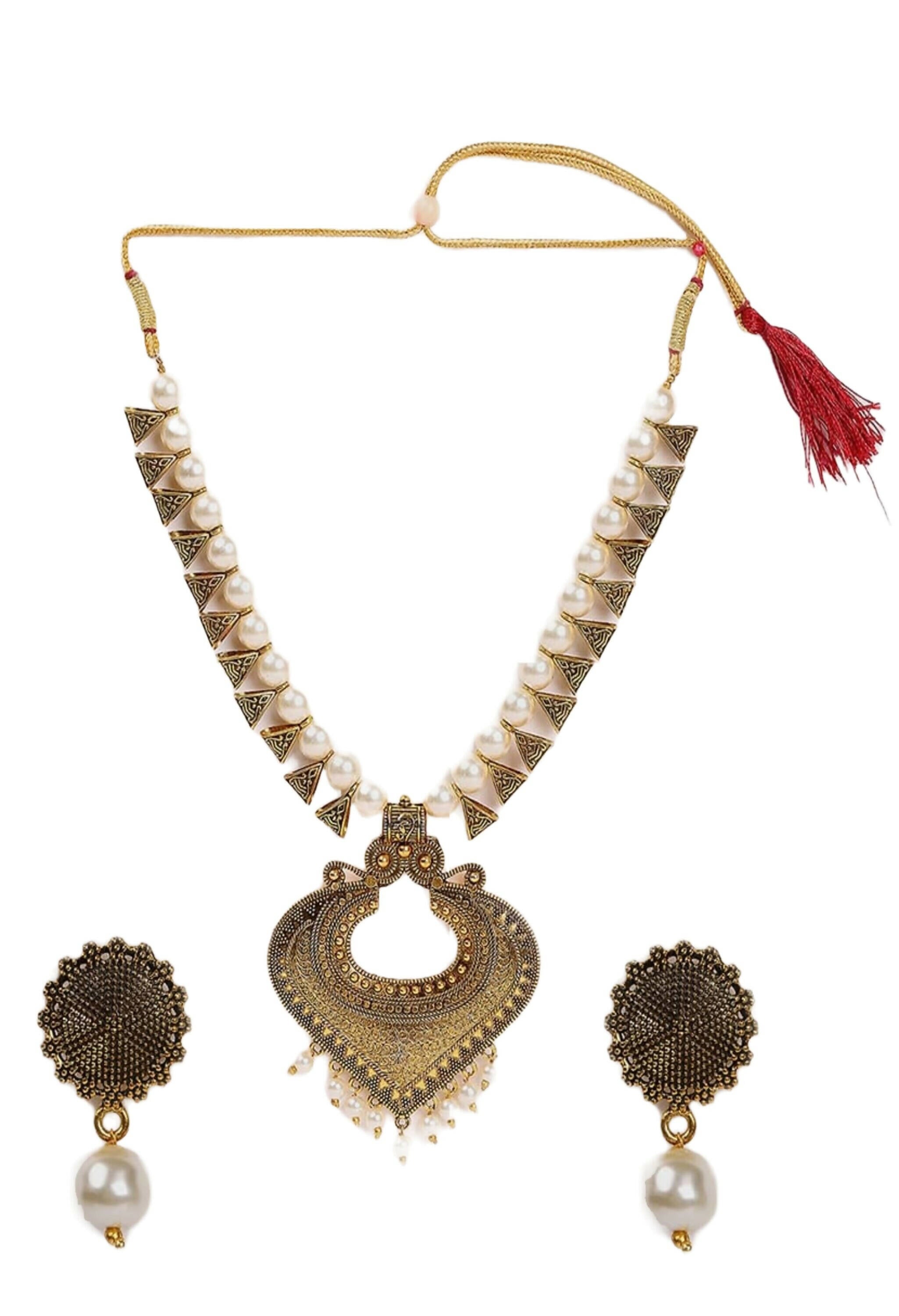 Oxidised Gold-Polished Long Necklace with Pearls for Women & Girls