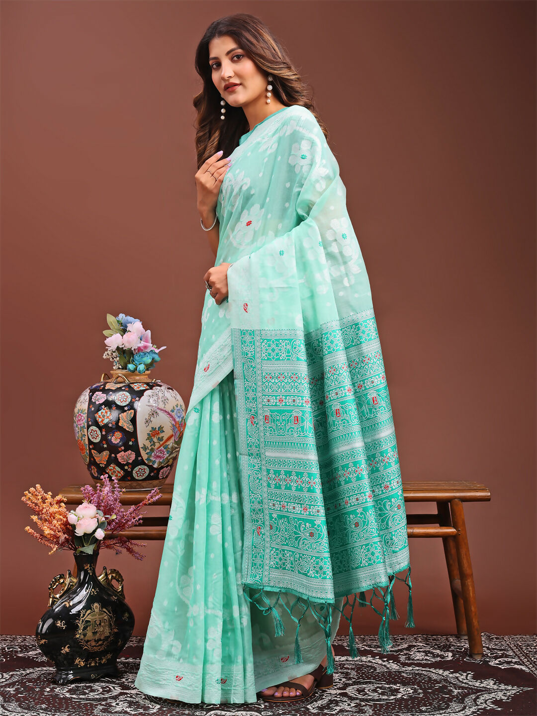 Sea Green Linen Cotton Saree with Matching Blouse Piece