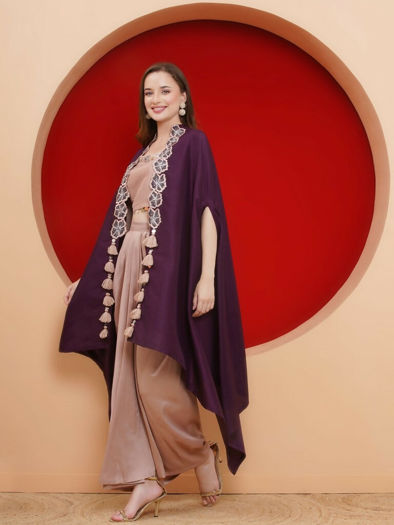 Purple and Rose Gold 3-Piece Skirt Set with Elegant Cape