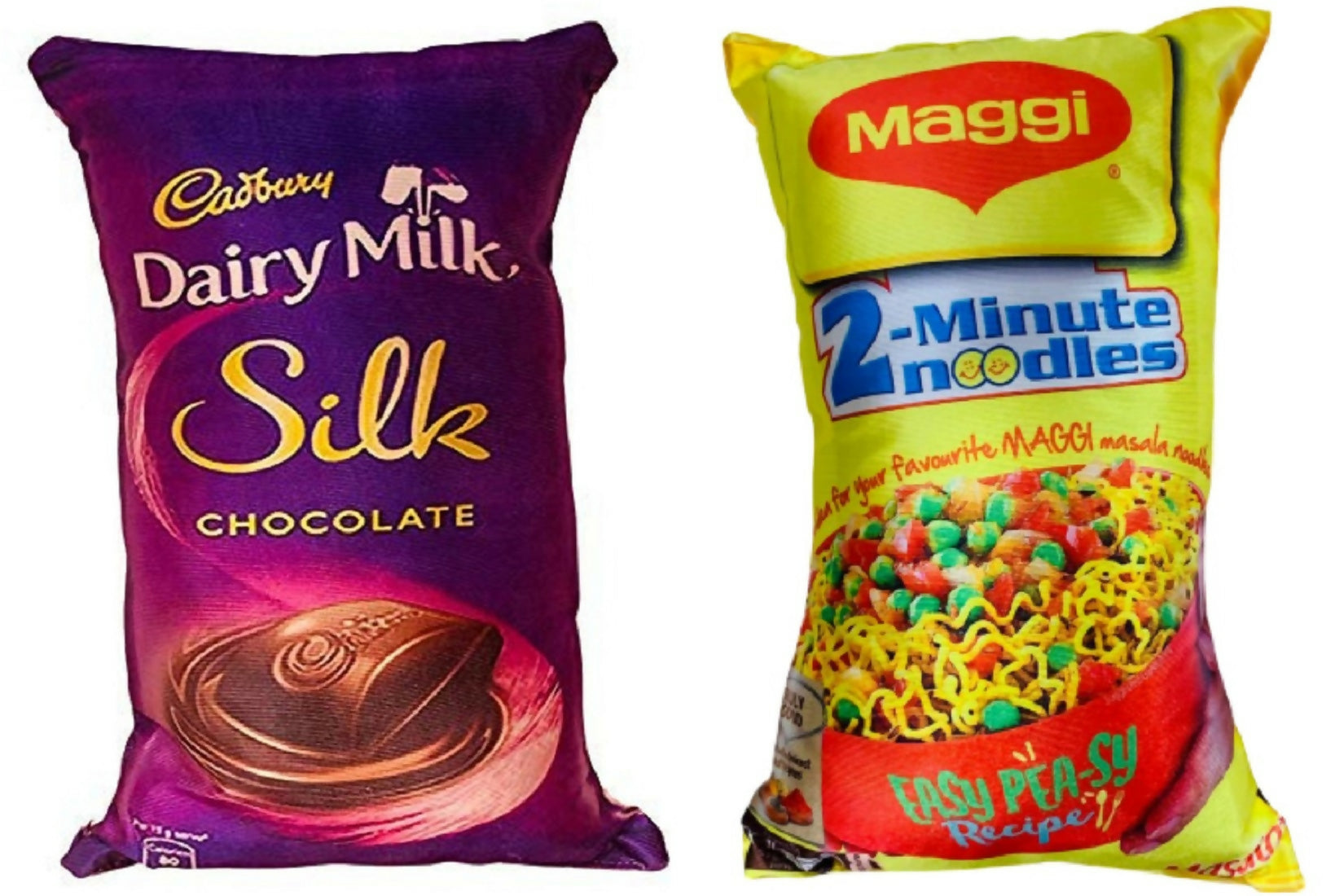 Reversible novelty throw pillows featuring Cadbury Dairy Milk Silk and Maggi packaging designs.