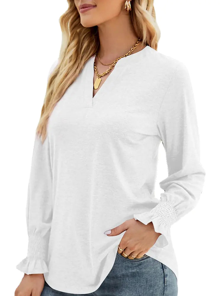 Women Long Sleeve V-Neck Lightweight Sweatshirt with Smocked Cuffs - Image 15
