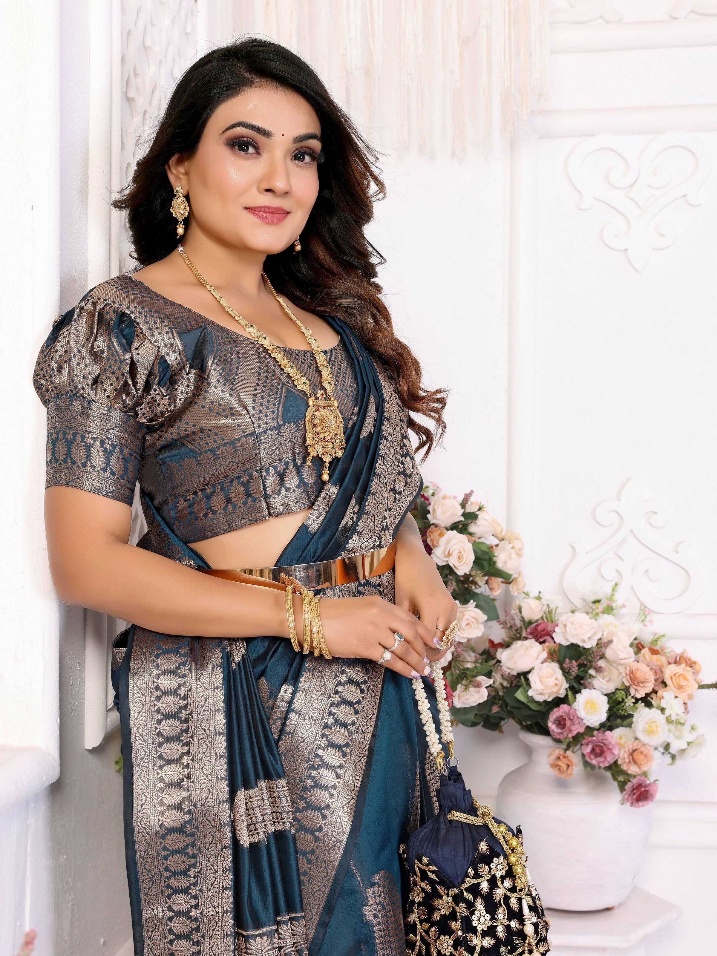 Teal Blue Soft Organza Silk Weaving Saree for Festive Occasions