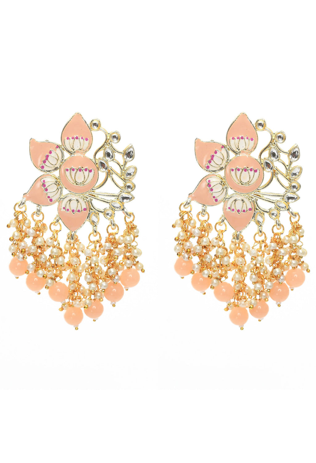 Close-up of gold-polished peach Meenakari Kundan earrings for festive occasions
