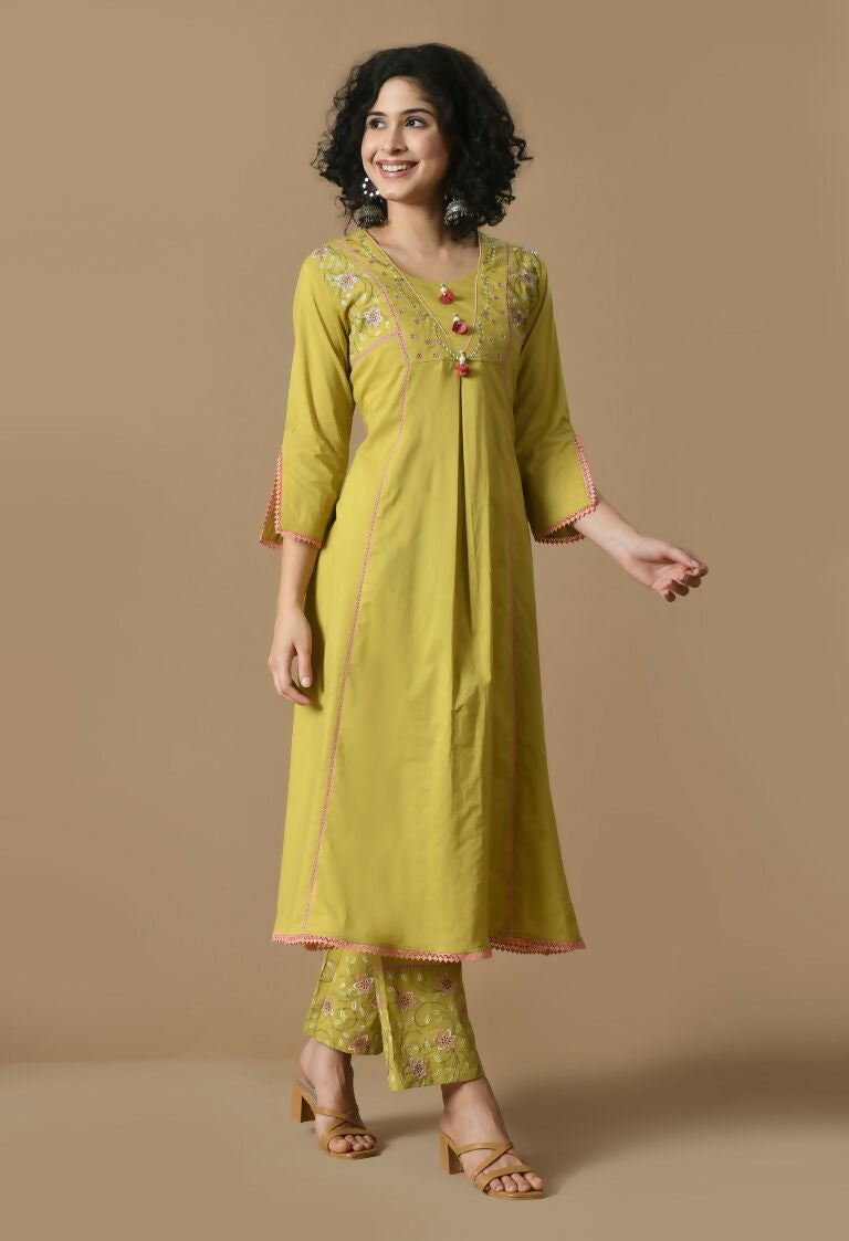 Mehendi Cotton Kurta Set with Organza Dupatta - 3-Piece Set