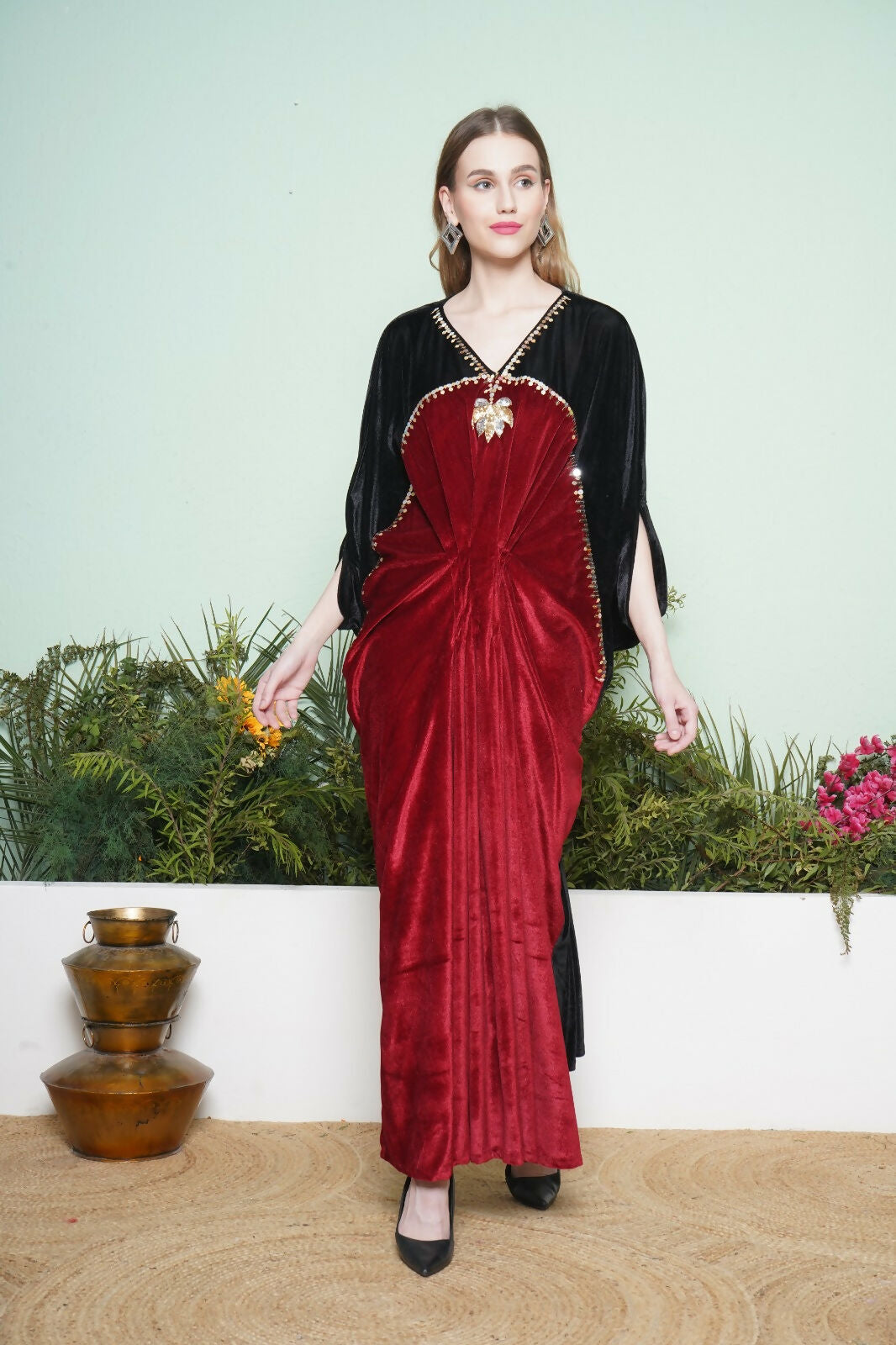 Black and Maroon Hand Embellished Velvet Gown for Women