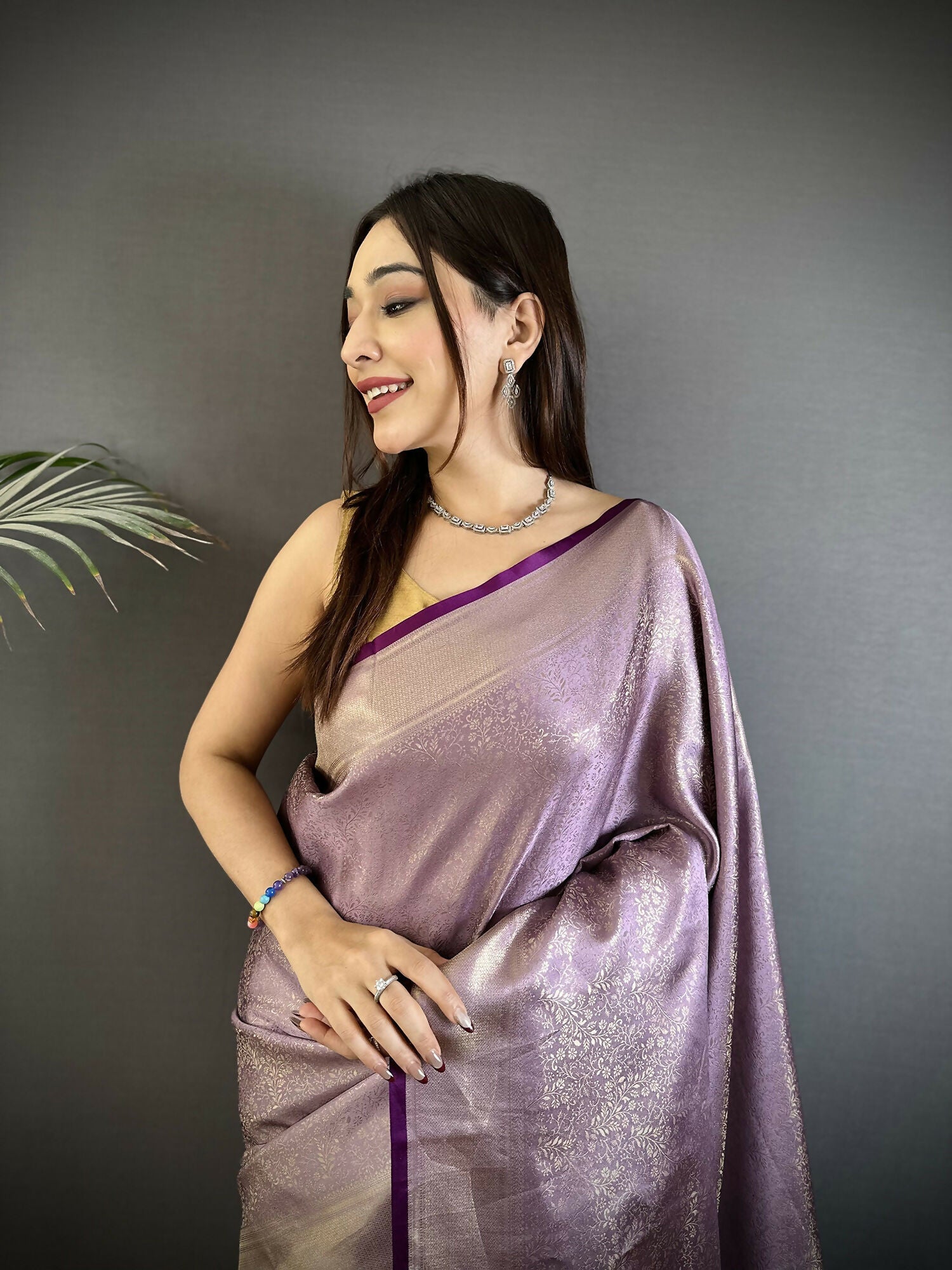 Lavender Floral Motifs Soft Satin Silk Kanchipuram Saree