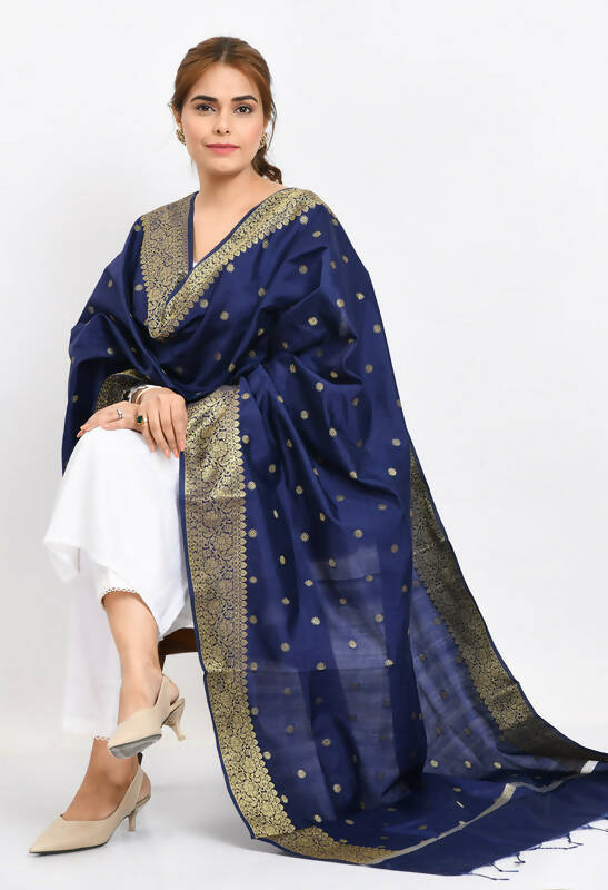 Navy Blue Banarasi Silk Woven Dupatta for Women