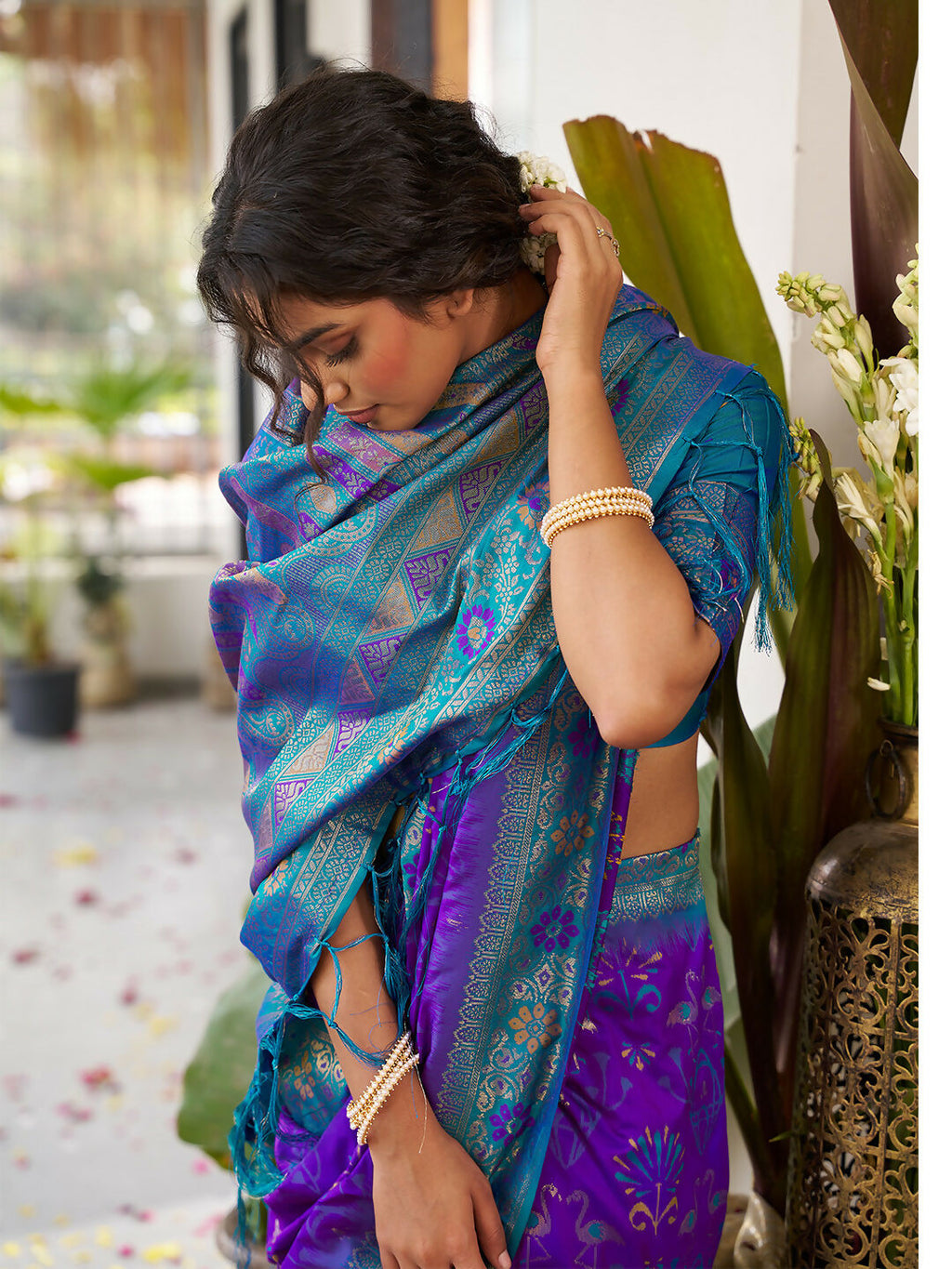 Violet Soft Silk Saree with Teal Blue Blouse for Elegant Occasions