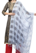Silver grey cotton dupatta with window pattern design draped elegantly