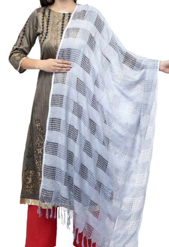 Silver grey cotton dupatta with window pattern design draped elegantly