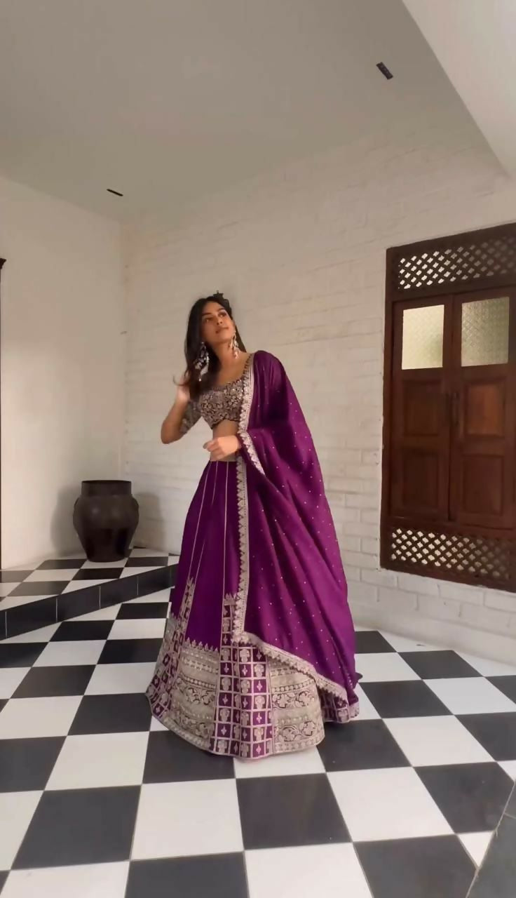 Wine Faux Georgette lehenga choli with sequin and thread embroidery for festive occasions