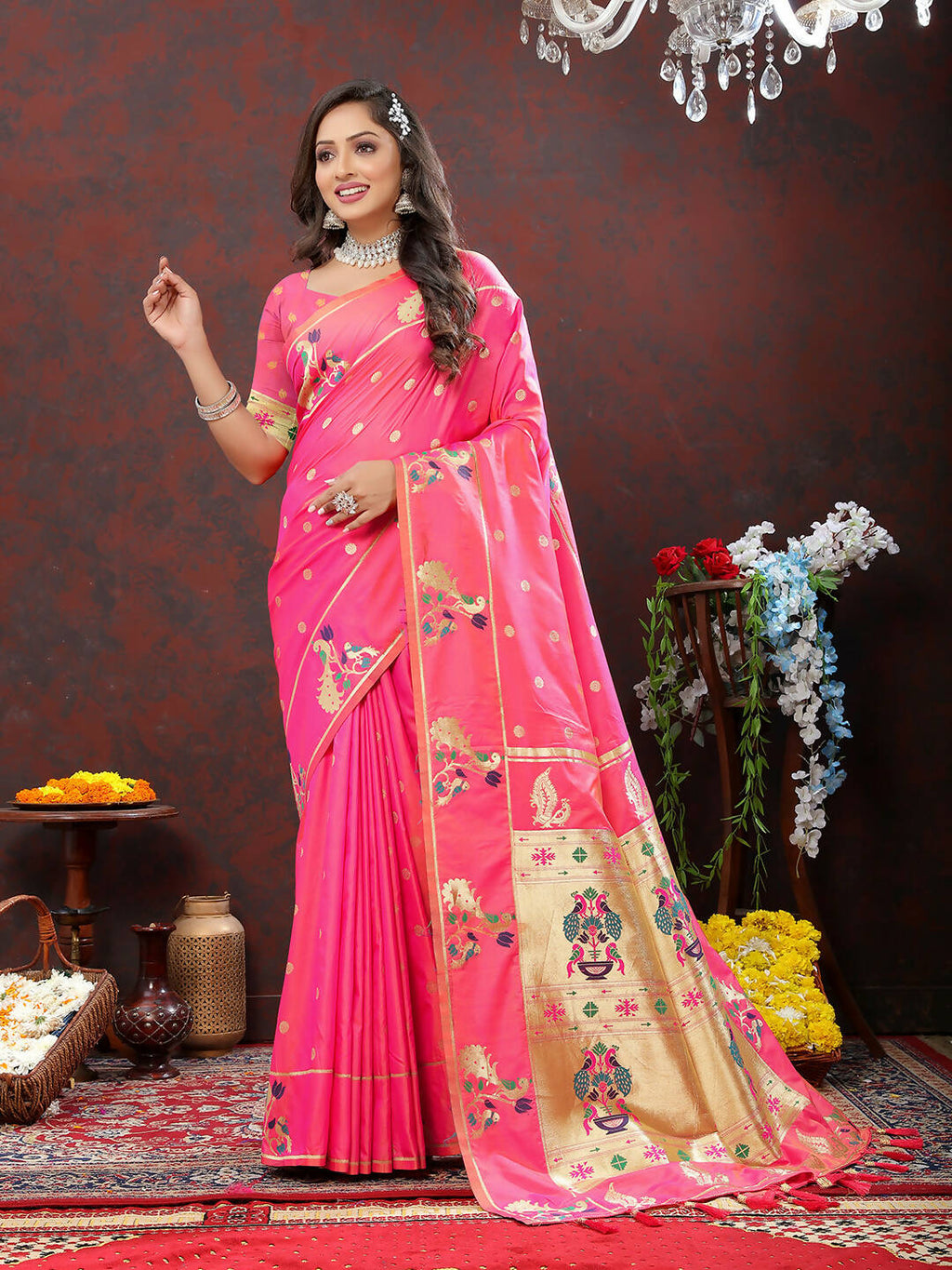 Pink Soft Paithani Silk saree with gold zari Meenakari weaving and matching blouse