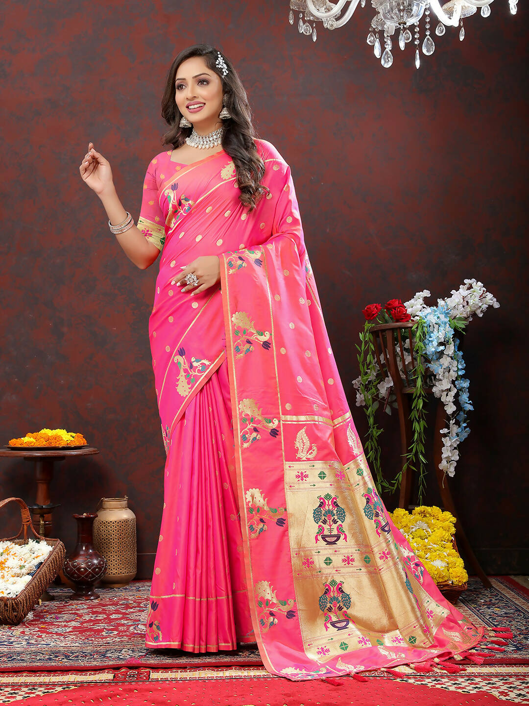 Pink Soft Paithani Silk saree with gold zari Meenakari weaving and matching blouse