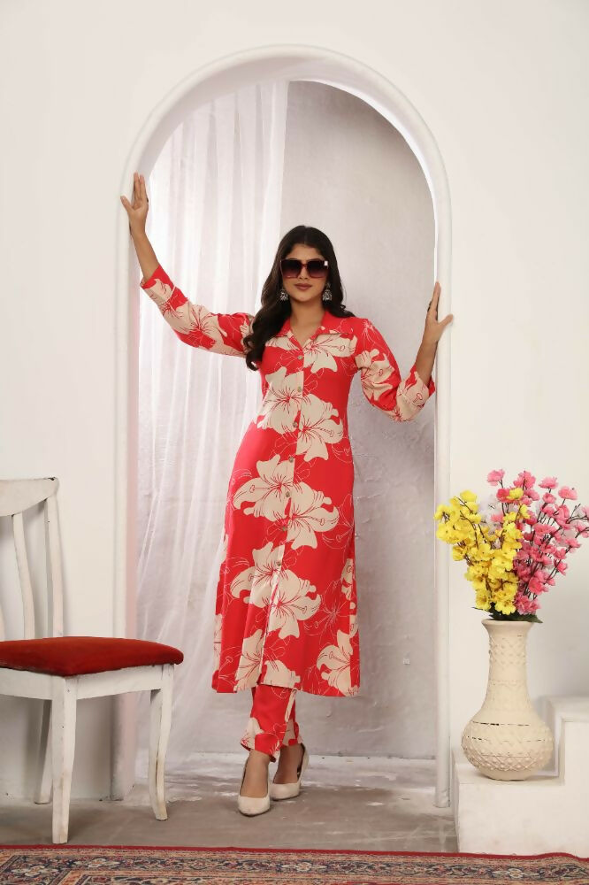 Women's Pink Rayon Floral Print Kurti and Pant Set with Side Pockets