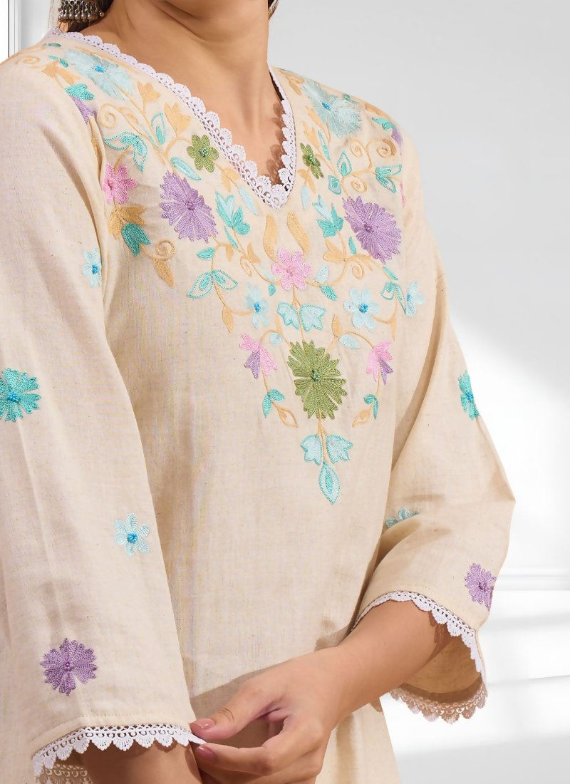 Cream Linen Embroidered V-Neck Cord Set for Semi-Formal Events