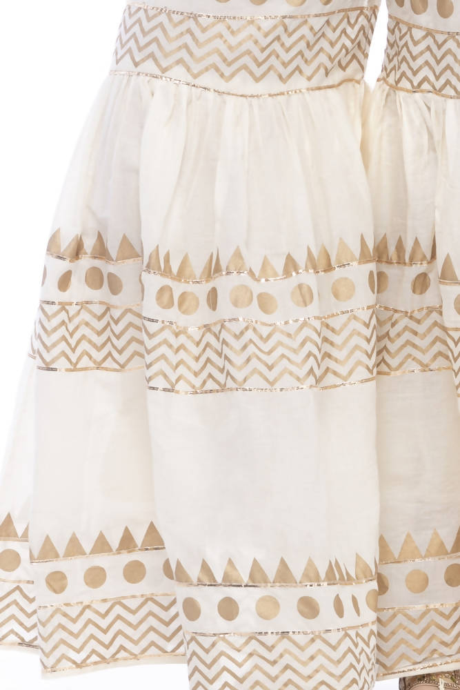 Off White Cotton Sharara with Gold Print and Gota Embellishments