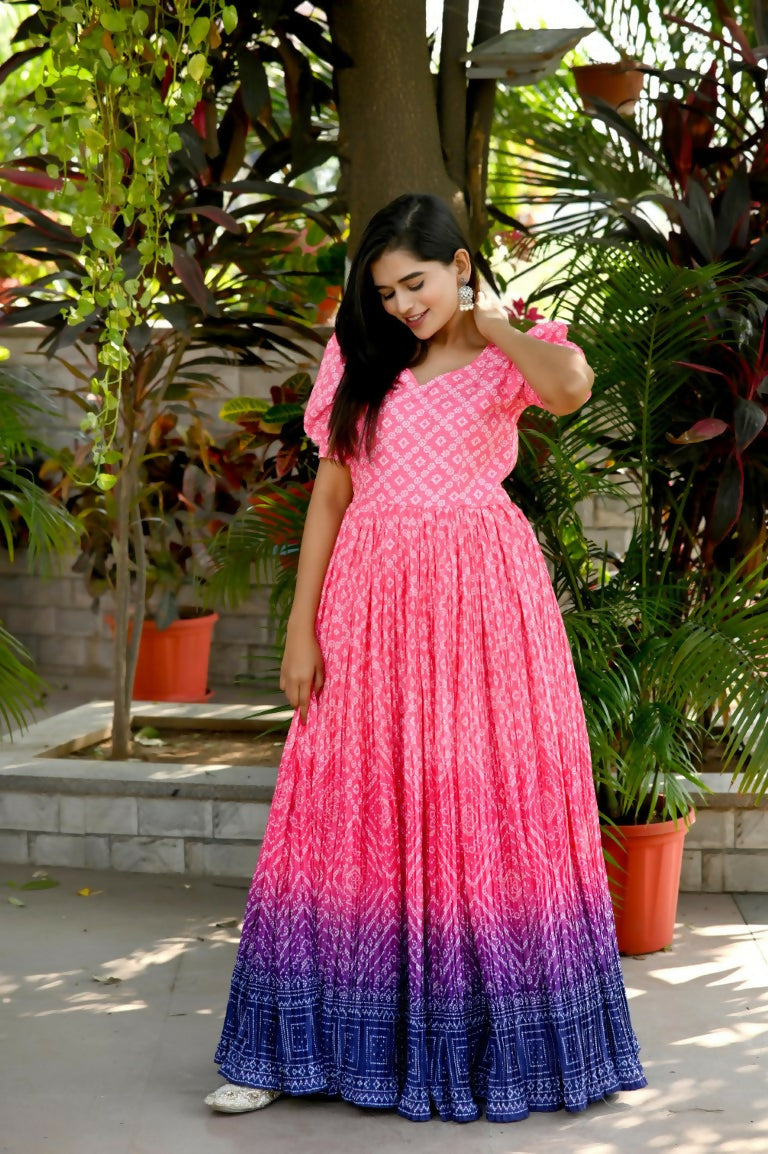 Pink Bandhej print muslin Anarkali dress with crush pleating detail