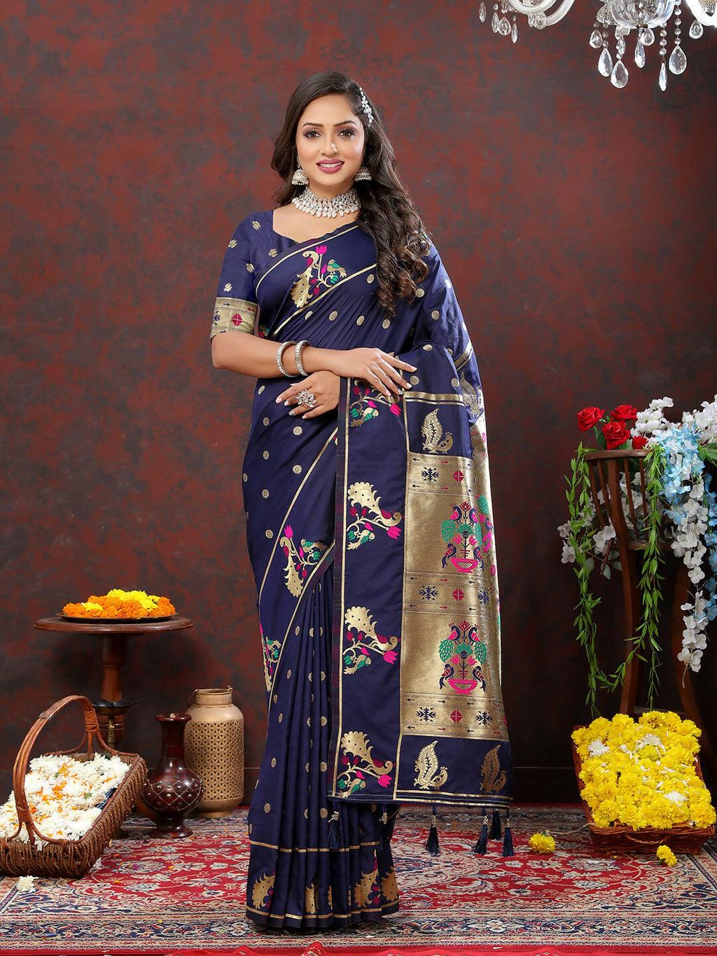 Lorenvalley Fashion Navyblue Soft Paithani Silk Woven Design Gold Zari Meenakari Weaving Saree