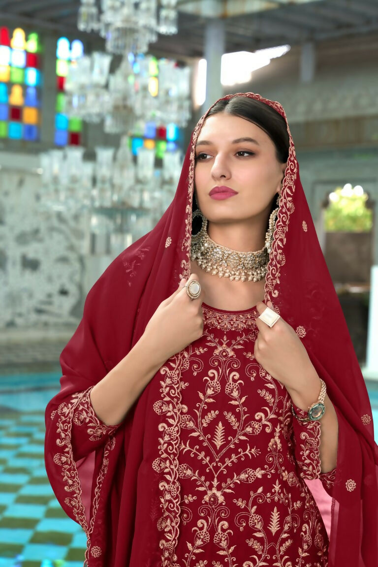 Maroon Faux Georgette Embroidered Kurta Set with Moti Work