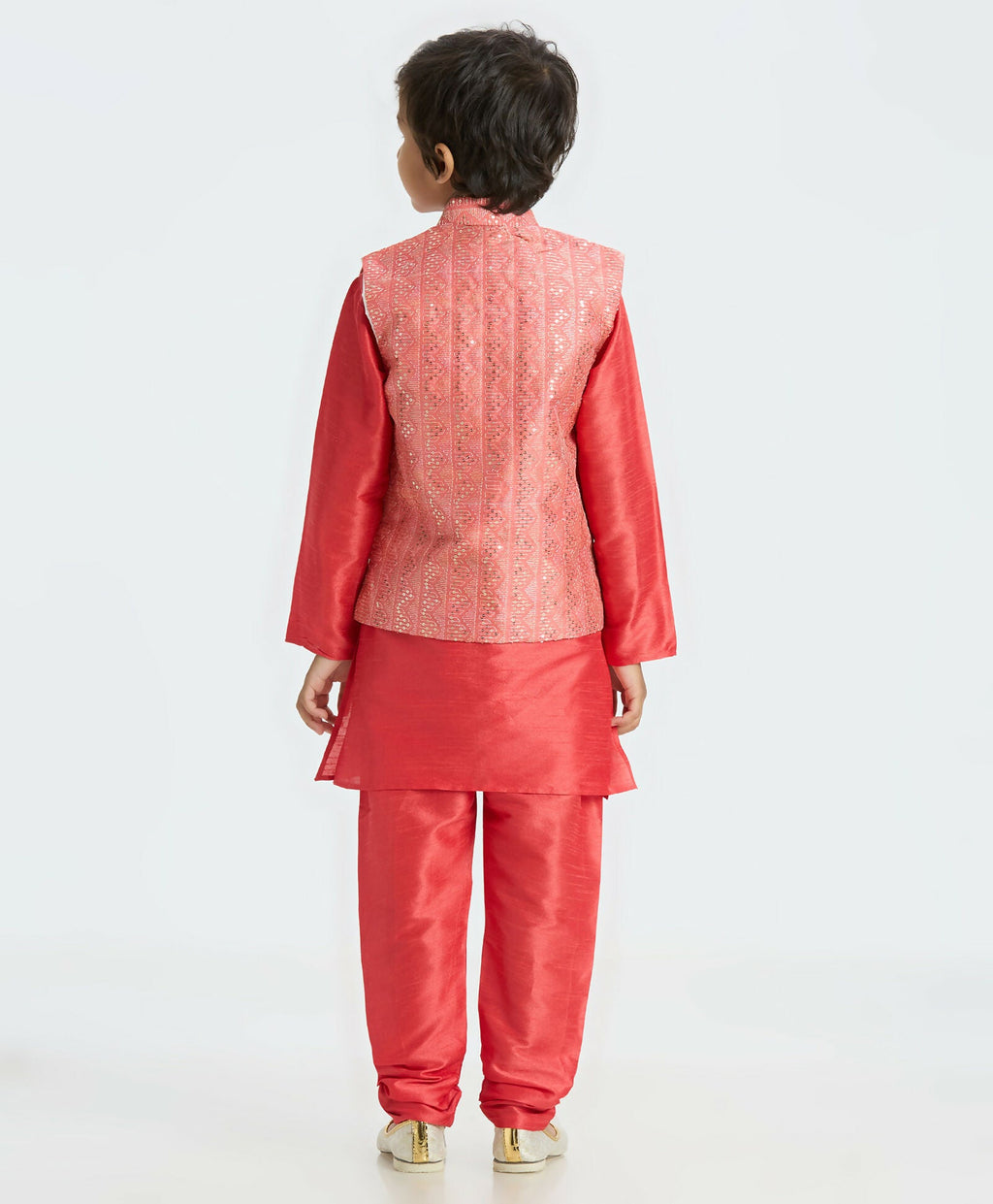 Kids Tomato Red Nehru Jacket Kurta Pajama Set with Sequin Work