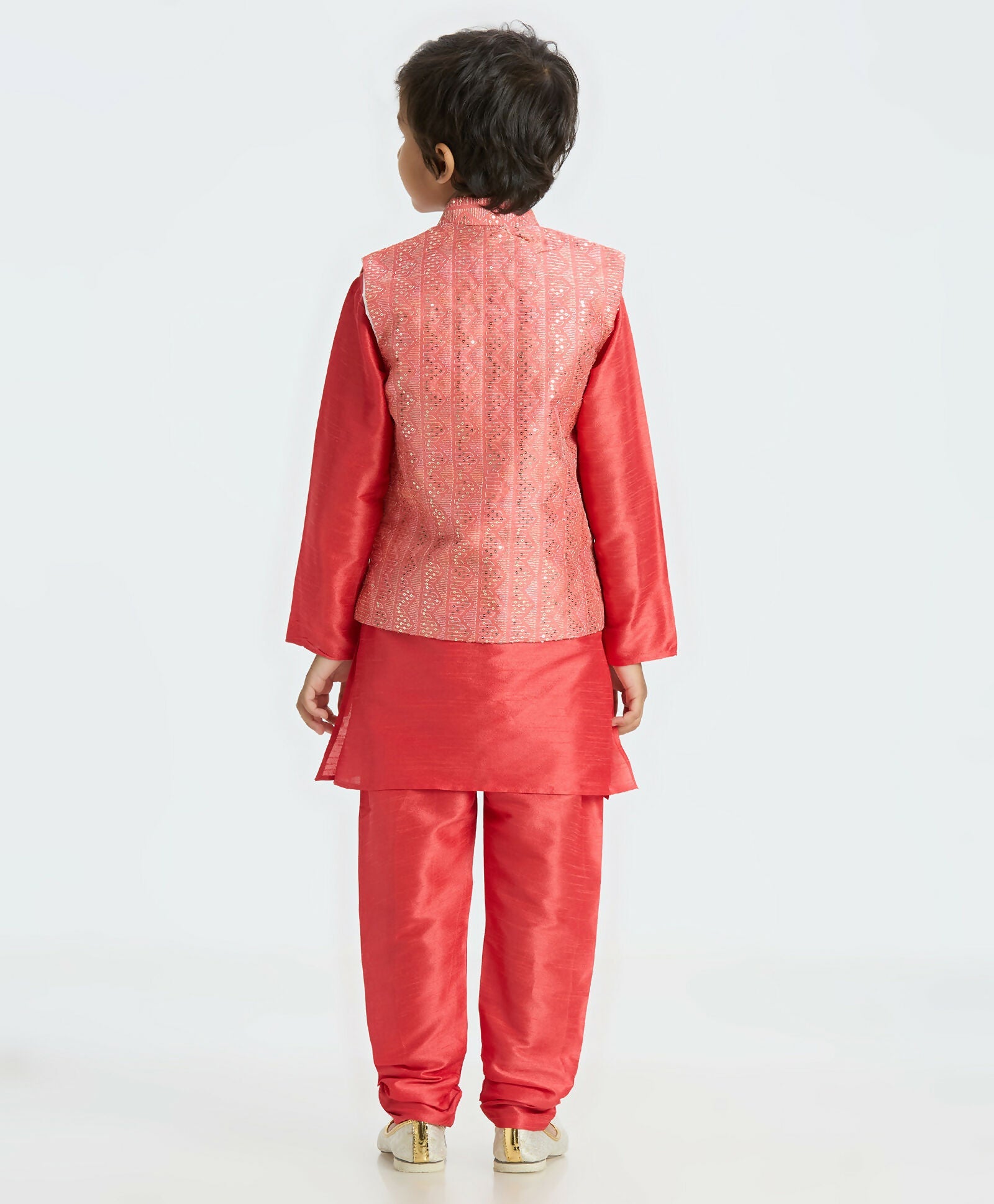 Kids Tomato Red Nehru Jacket Kurta Pajama Set with Sequin Work