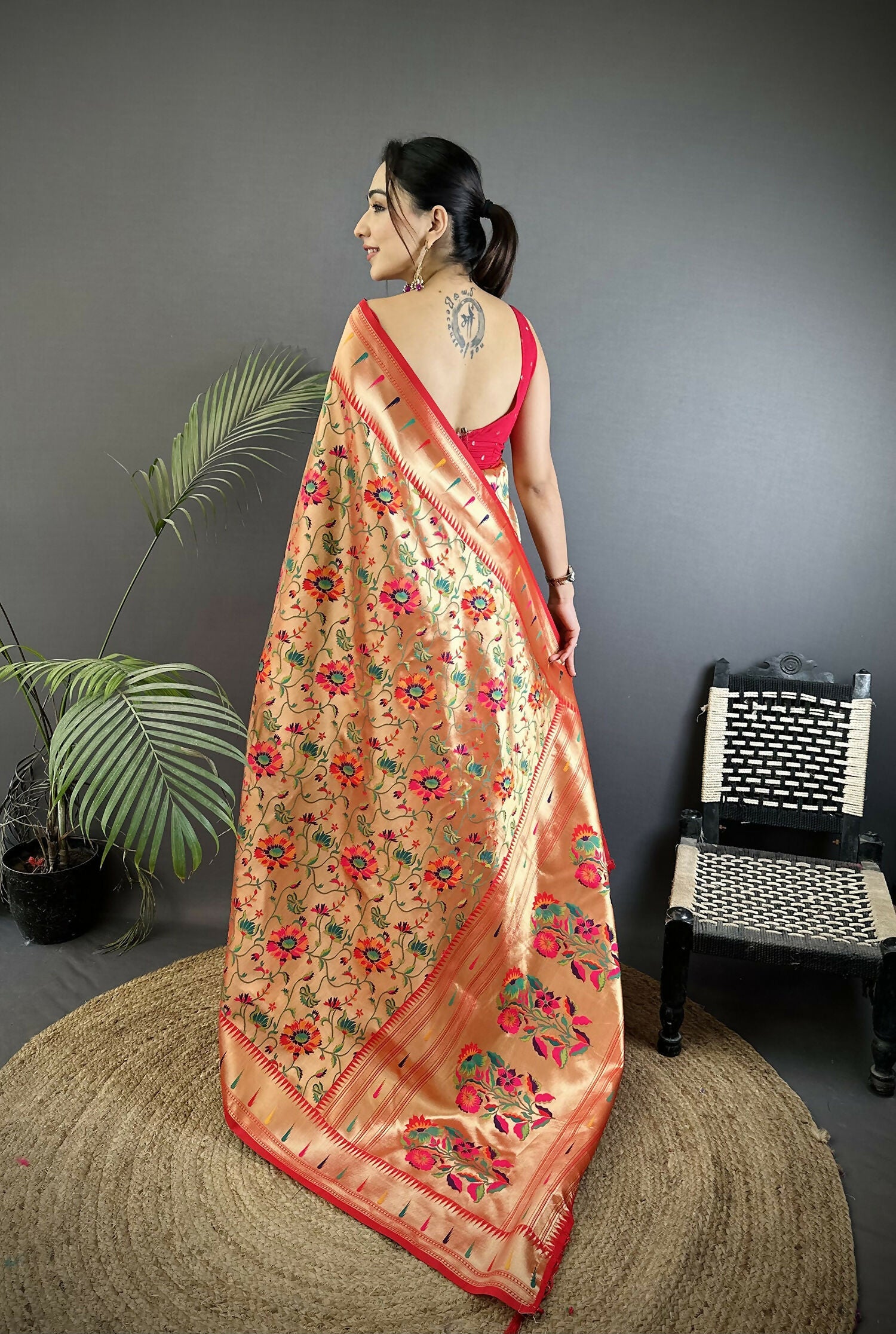 Light Orange Floral and Peacock Motif Soft Silk Paithani Saree