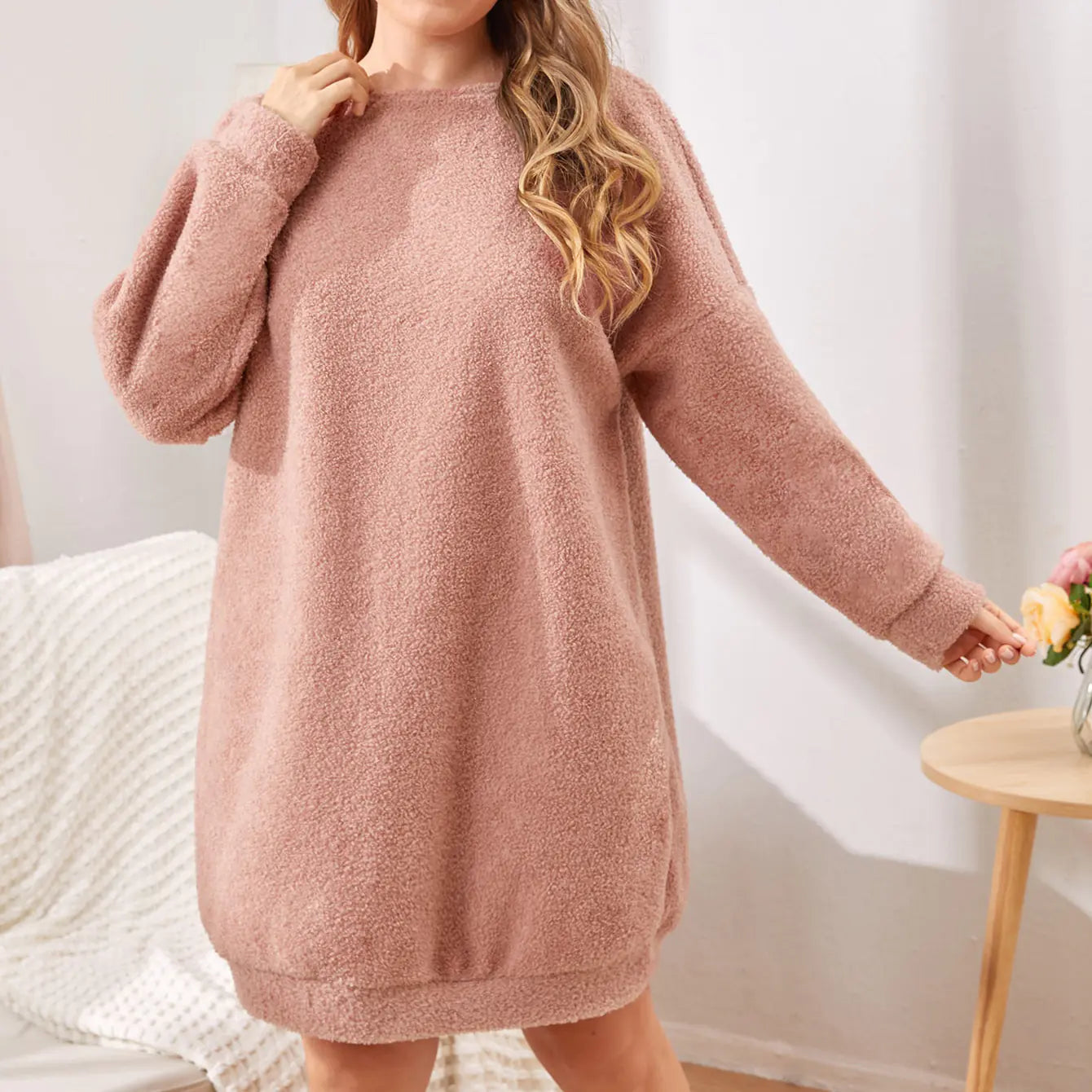Women's Fuzzy Fleece Long Sleeve T-Shirt Dress with Front Pockets - Image 8
