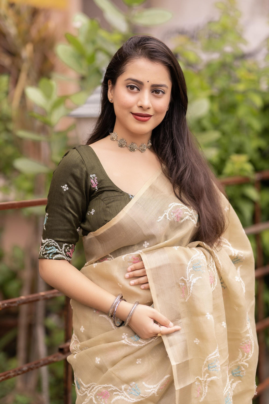 Olive Pure Linen Ethnic Motifs Saree with Unstitched Blouse - Hiral Fashion