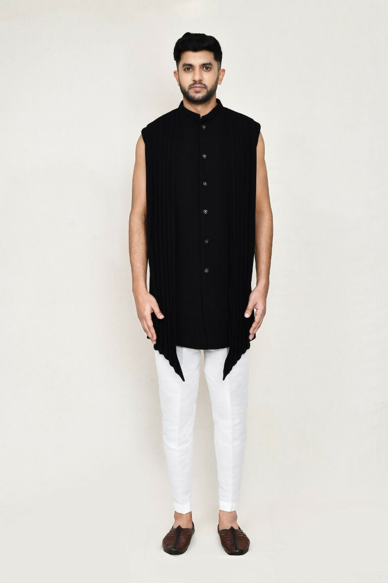 Black Velvet Embroidered Open Jacket with Matching Pant Set