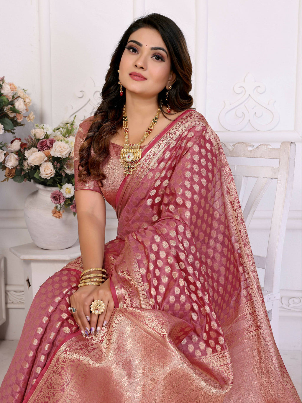 Light Pink Organza Silk Weaving Saree