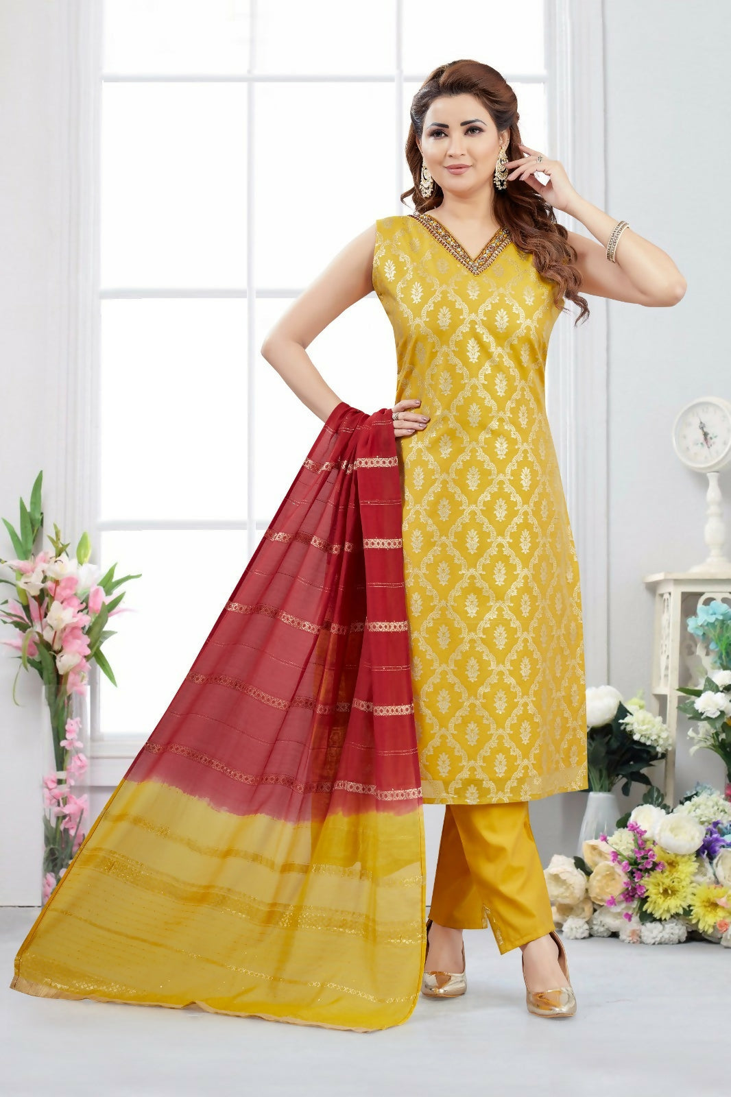 Mustard jacquard kurta set with a vibrant red dupatta