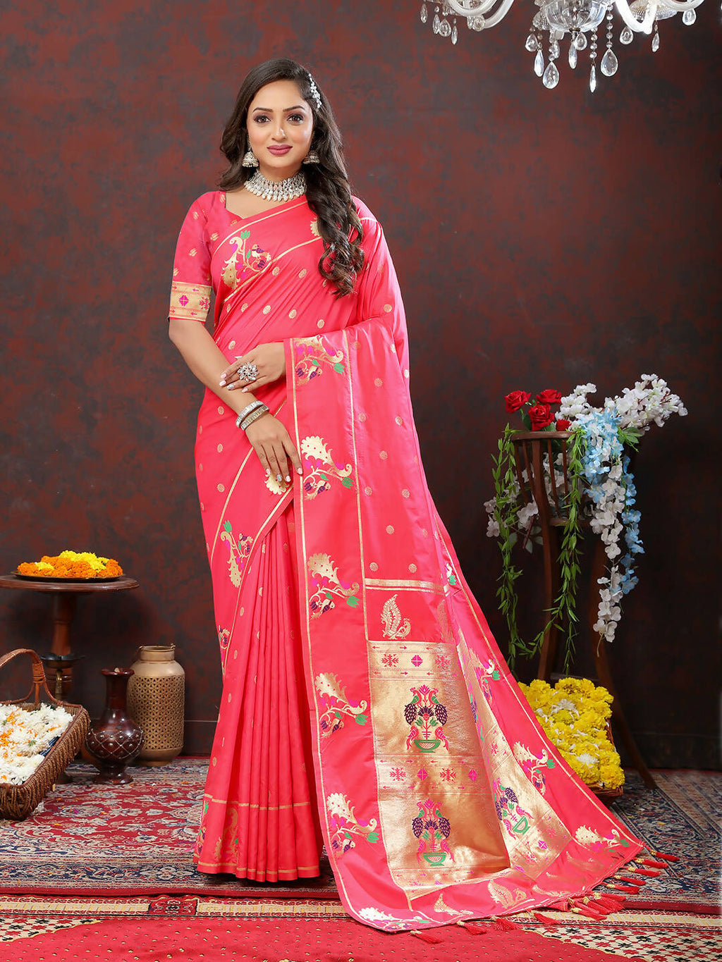 Lorenvalley Fashion Peach Soft Paithani Silk Woven Design Gold Zari Meenakari Weaving Saree