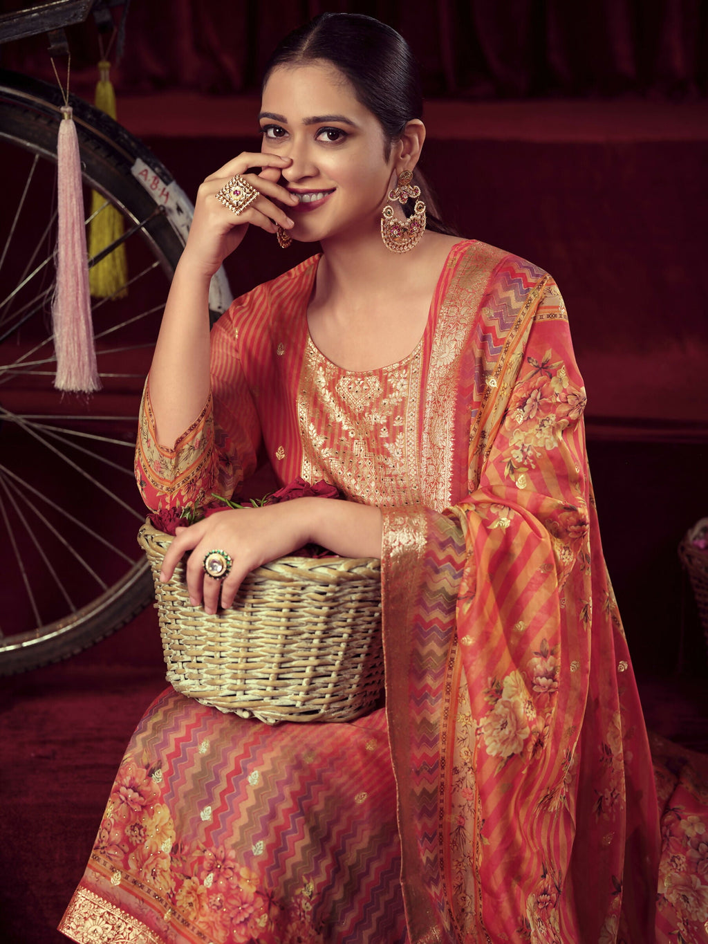 Women's Orange Organza Jacquard Straight Kurta Set with Dupatta