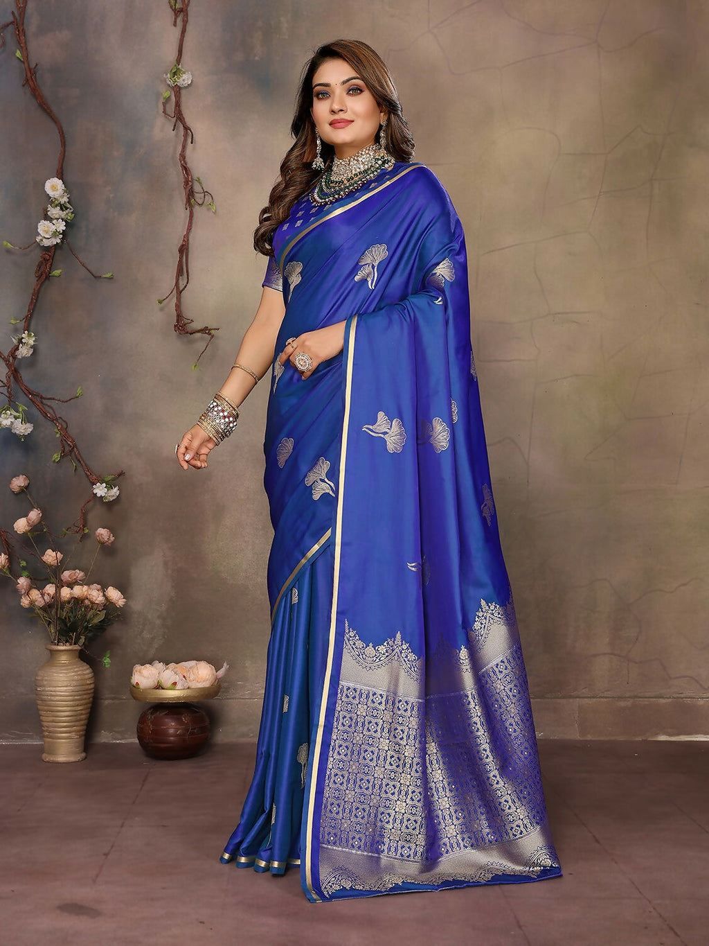 Blue Floral Motif Banarasi Silk Saree with Blouse Piece