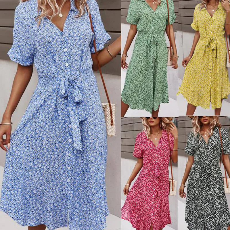 Women's Floral Midi Dress with V Neck and Tie Waist - Image 9
