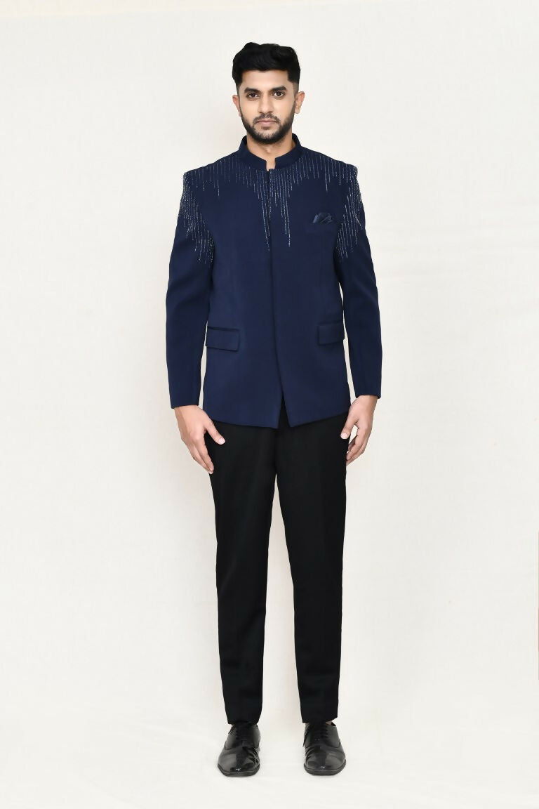 Blue Terry Rayon Prince Coat with Matching Pant Set