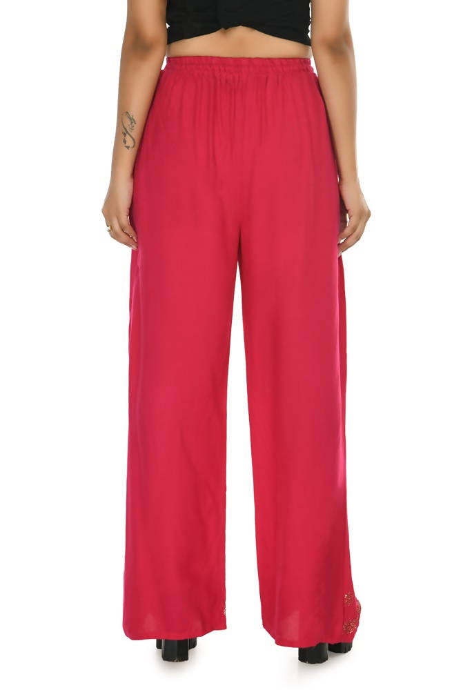 Red Rayon Cotton Palazzo Pants with Traditional Sirsoki Embroidery
