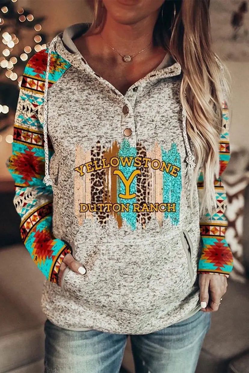 Women Grey Yellowstone Dutton Ranch Graphic Hooded Pullover Sweater - Image 12