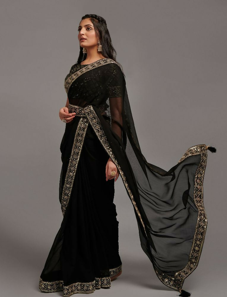 Black Zometo Embroidered Lace Saree with Matching Blouse