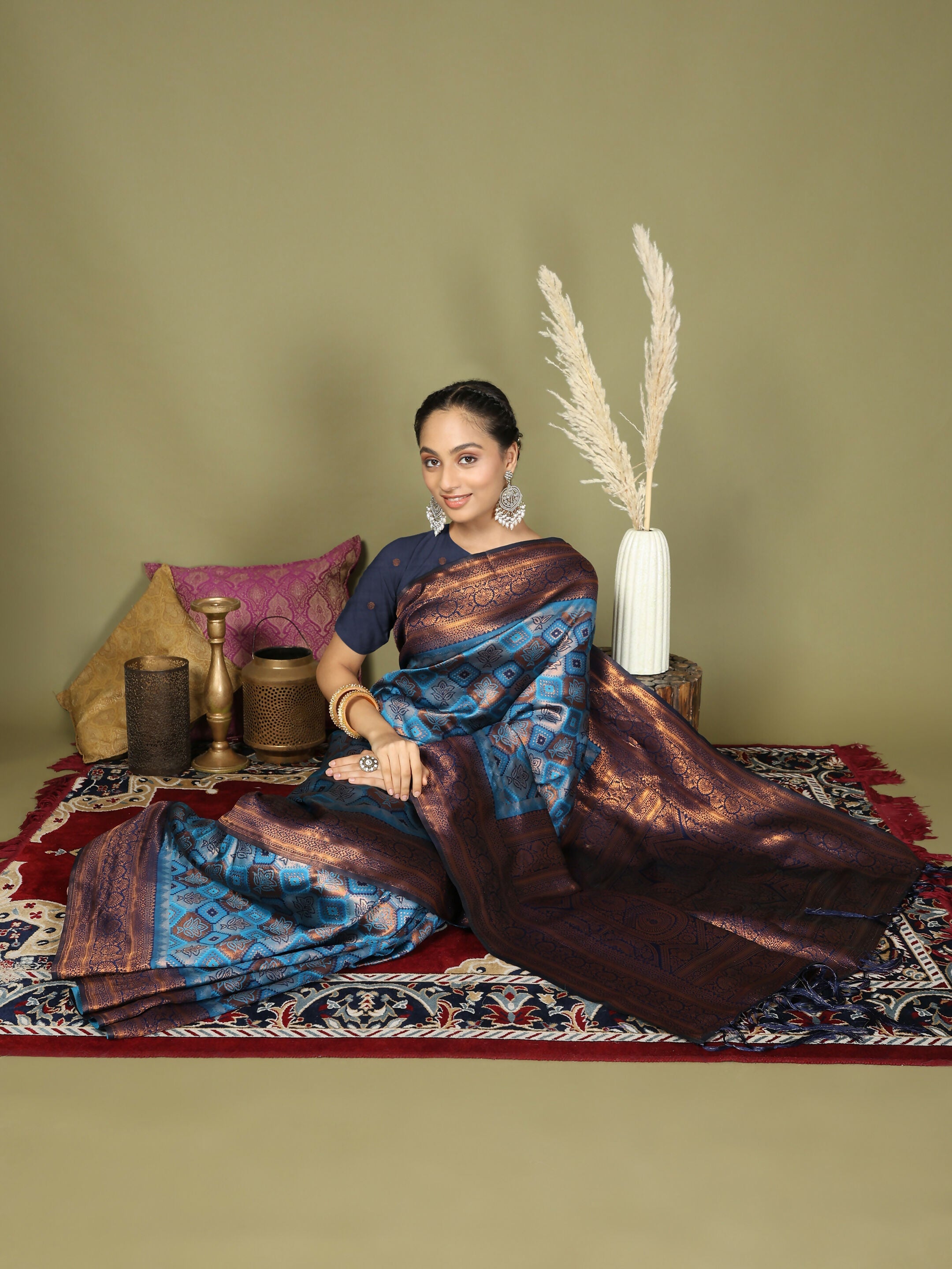 Sky Blue Lichi Silk Saree with Blue Blouse