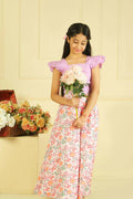 Lavender cotton ruffle maxi top and flared skirt set with square neckline